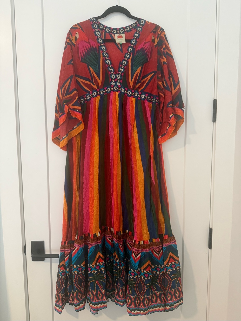 FARM Rio Red Multicolor Striped & Floral Maxi Dress with Embroidered Trim